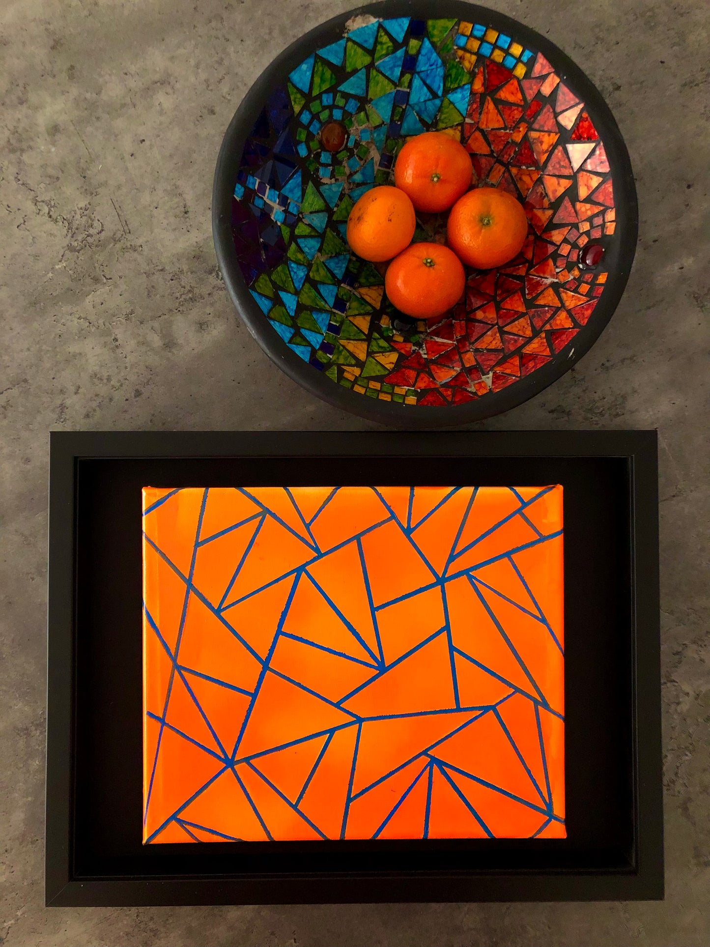 Neon orange triangles geometric modern acrylic painting in black wooden box frame