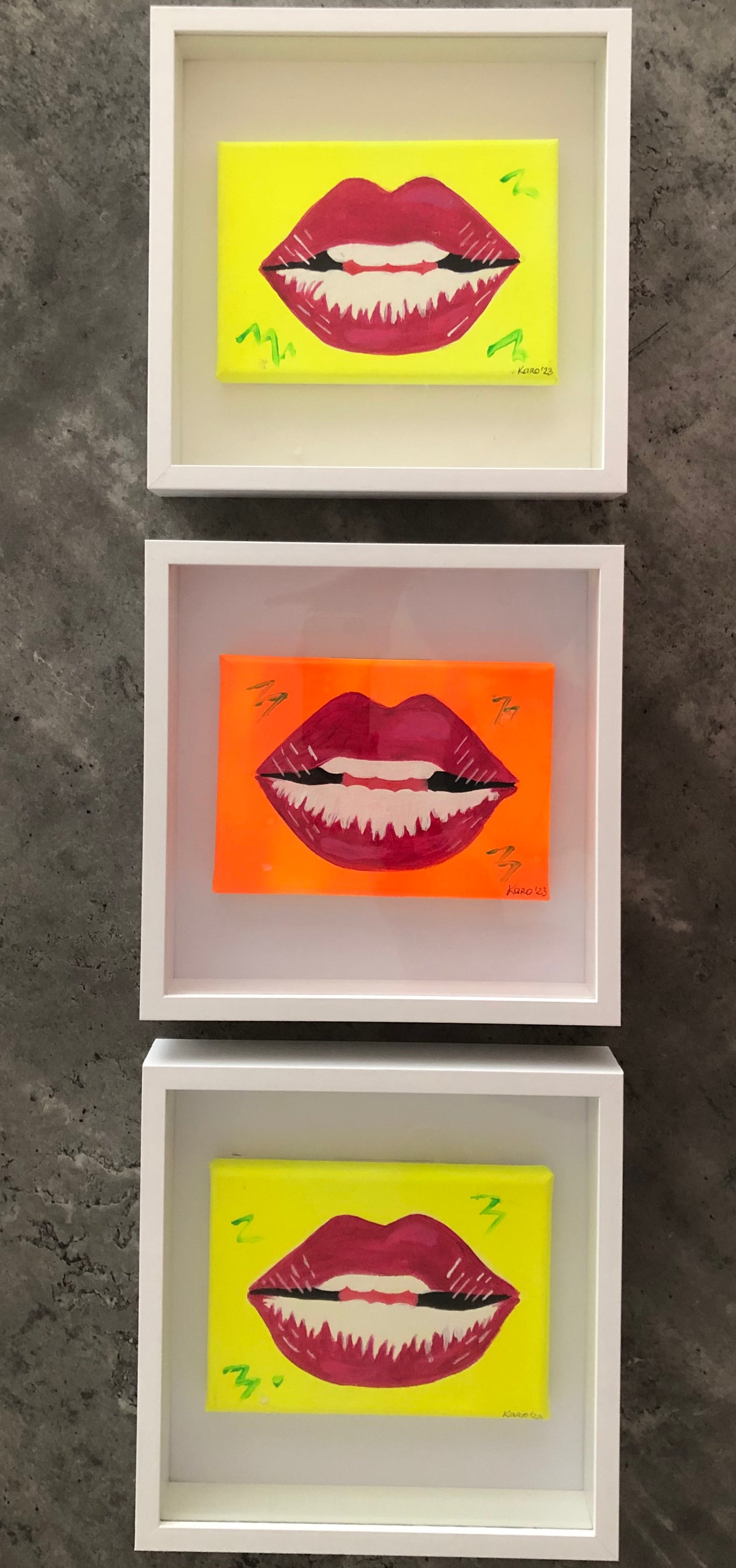 Neon lips collection of mini pop art paintings | Lips design | Pink lips on neon yellow background| graffiti art