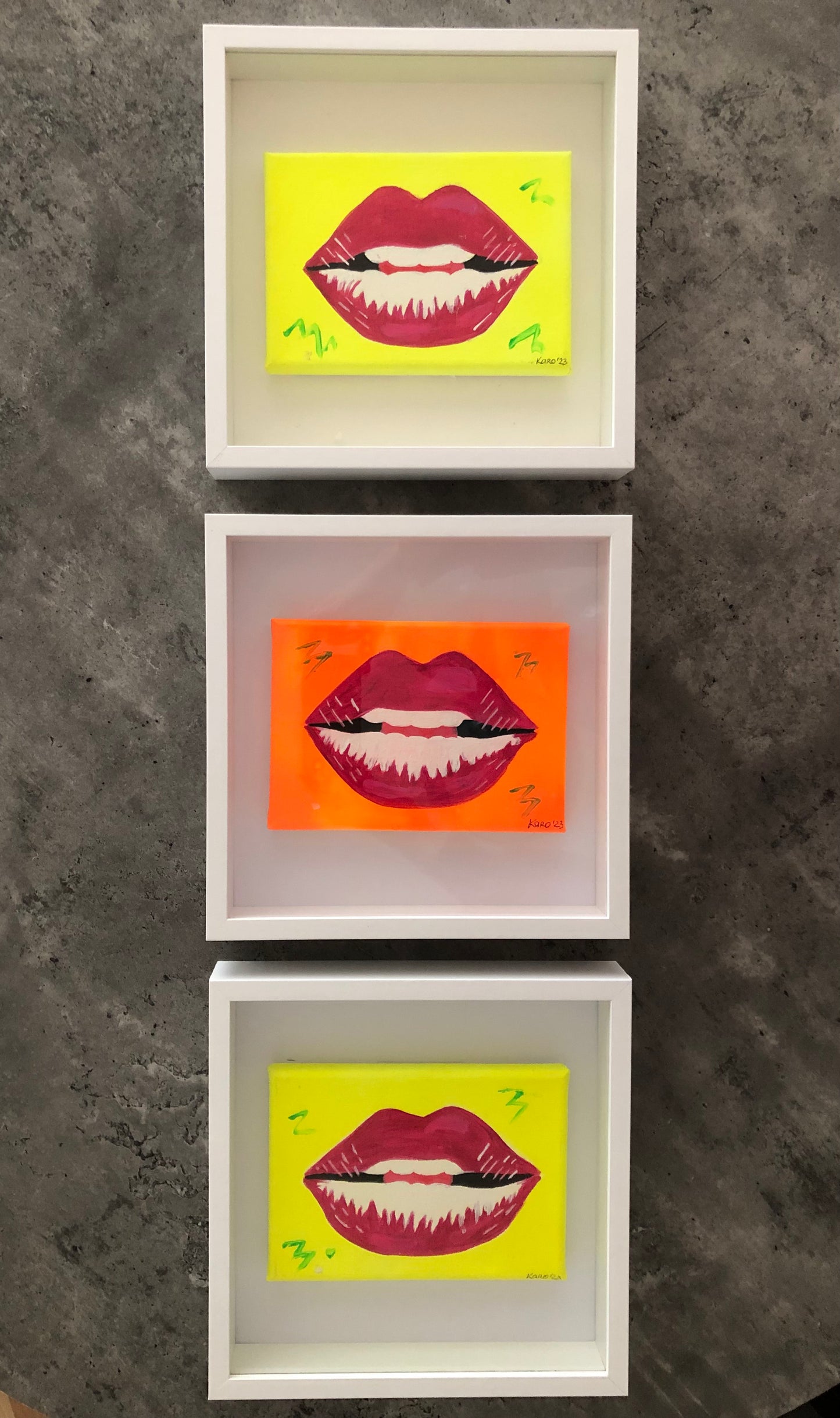 Neon lips collection of mini pop art paintings | Lips design | Pink lips on neon yellow background| graffiti art