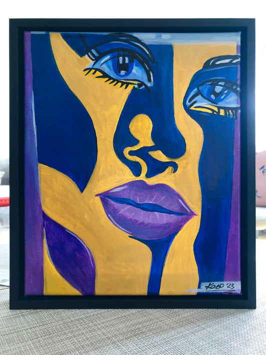 “Harmony” Pop art inspired original canvas acrylic painting of an abstract face (in wooden black frame, ready to hang)