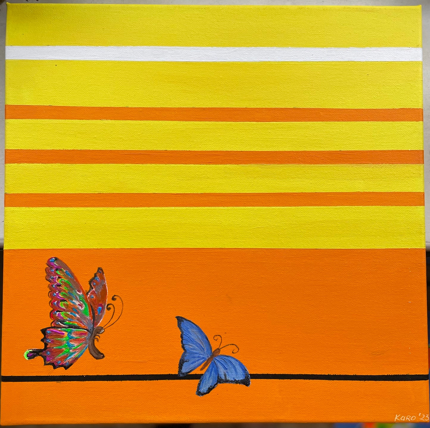 Original art with blue and multicolour butterflies| yellow and orange striped painting | acrylic square painting with butterflies