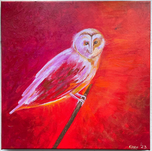 Owl painting | Red painting of an owl | Owl design wall decoration | bird art | red orange and lavender owl acrylic painting on canvas