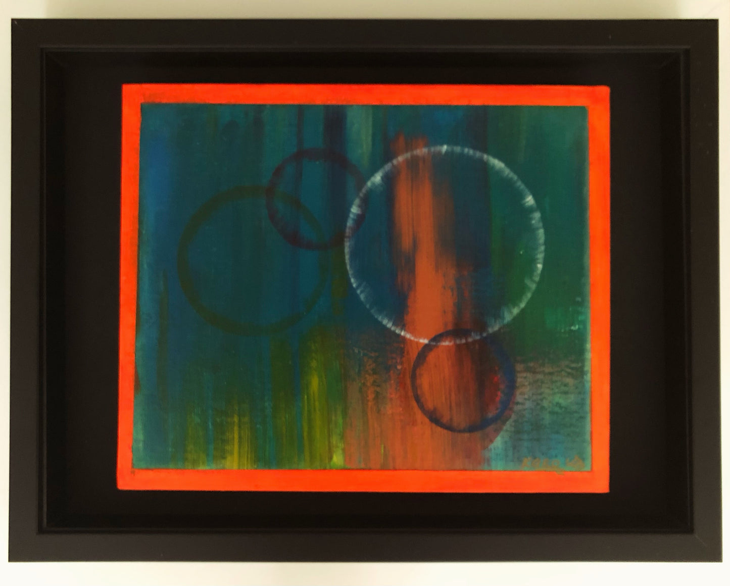 Wheels of fortune | modern abstract acrylic painting in black floating frame| fang shui painting | green and orange painting | circles painting