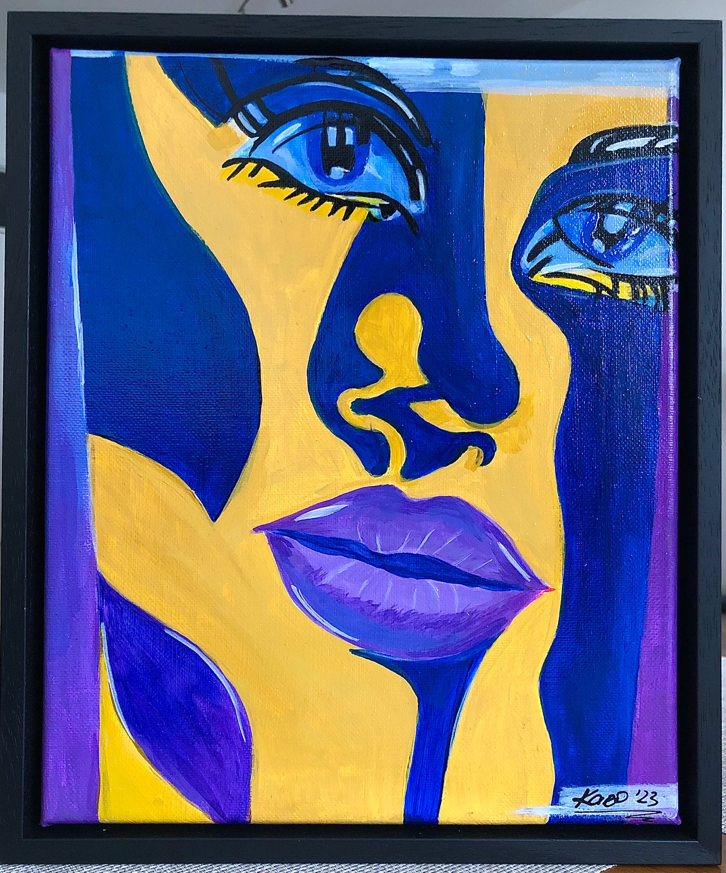 “Harmony” Pop art inspired original canvas acrylic painting of an abstract face (in wooden black frame, ready to hang)