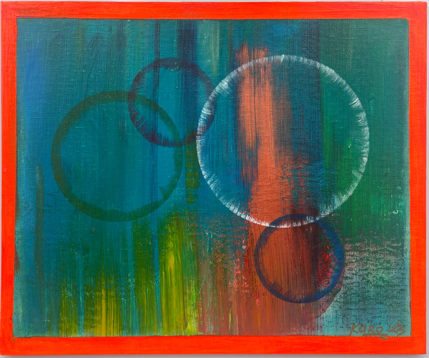 Wheels of fortune | modern abstract acrylic painting in black floating frame| fang shui painting | green and orange painting | circles painting