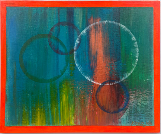 Wheels of fortune | modern abstract acrylic painting in black floating frame| fang shui painting | green and orange painting | circles painting