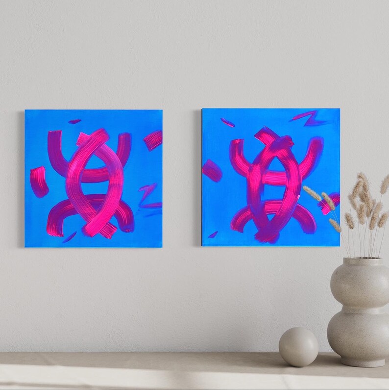 Heartbeat | Two blue arylic abstract art paintings| Original paintings with blue and pink| modern abstract art