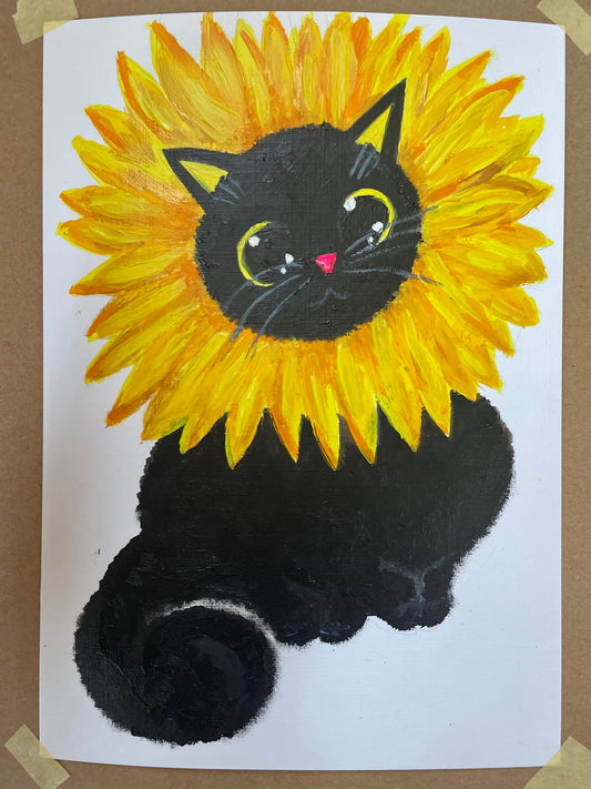 black cat in a sunflower| kids art | art for children room| cute painting for kids room| cat painting