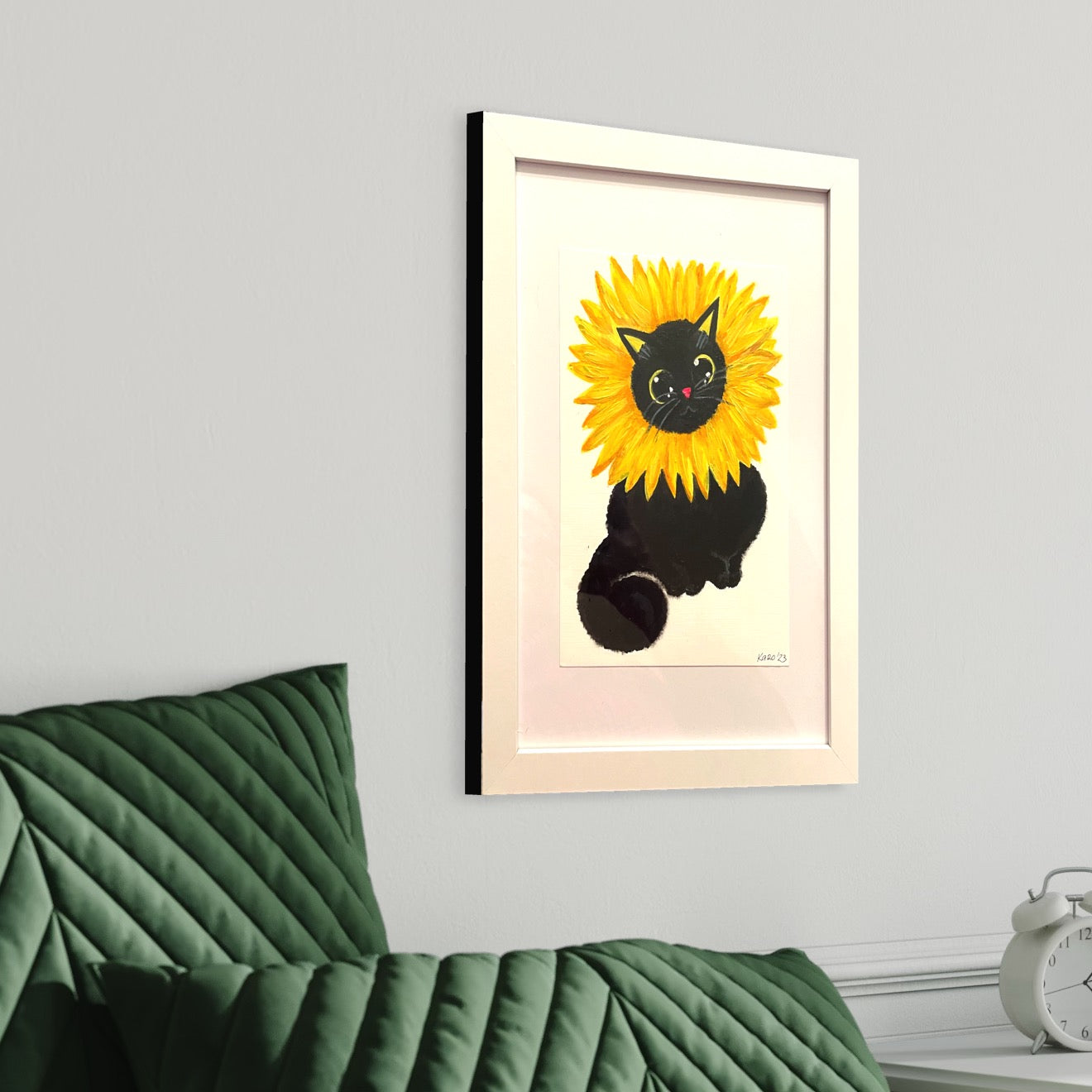 black cat in a sunflower| kids art | art for children room| cute painting for kids room| cat painting