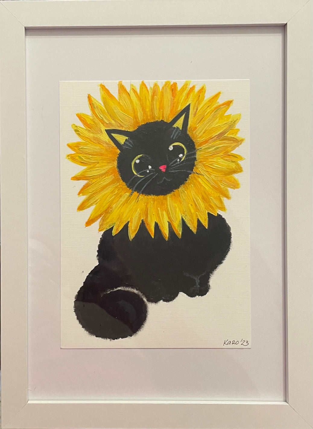 black cat in a sunflower| kids art | art for children room| cute painting for kids room| cat painting