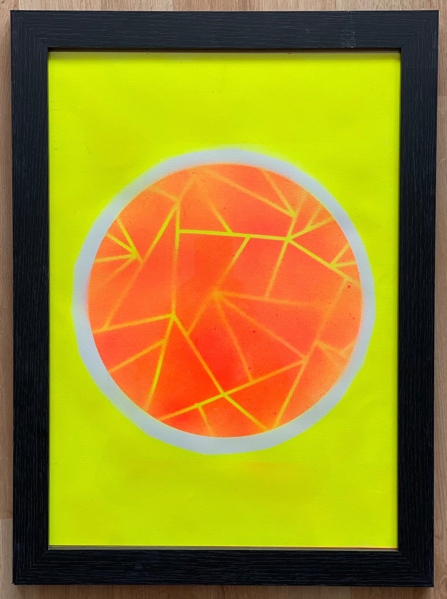 Orange neon circle with geometric pattern painting and yellow neon background | wall decoration  modern orange circle art | neon colours |  Feng Shui wall art  | Neon poster