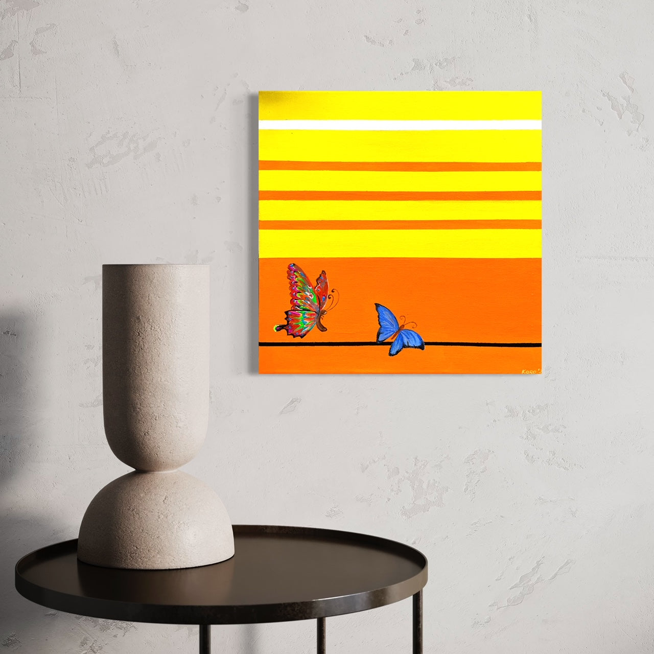 Original art with blue and multicolour butterflies| yellow and orange striped painting | acrylic square painting with butterflies