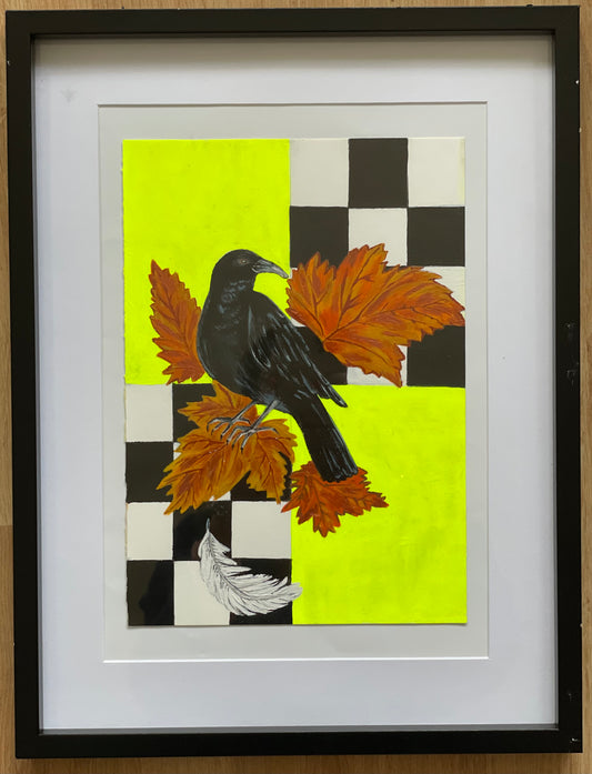 Modern painting of a crow and maple leafs on a checkerboard motif |bird painting | black bird wall decor | autumn decoration |Halloween