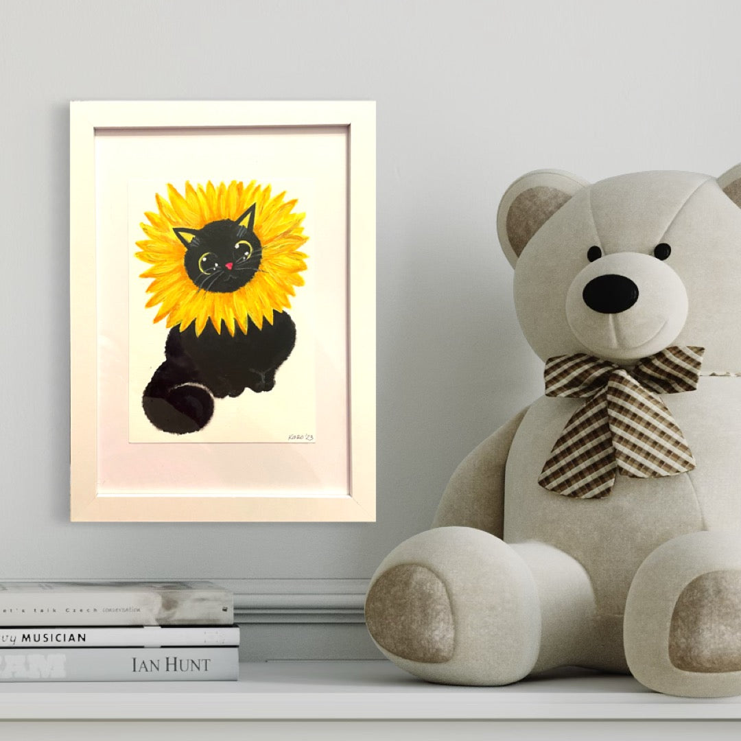 black cat in a sunflower| kids art | art for children room| cute painting for kids room| cat painting