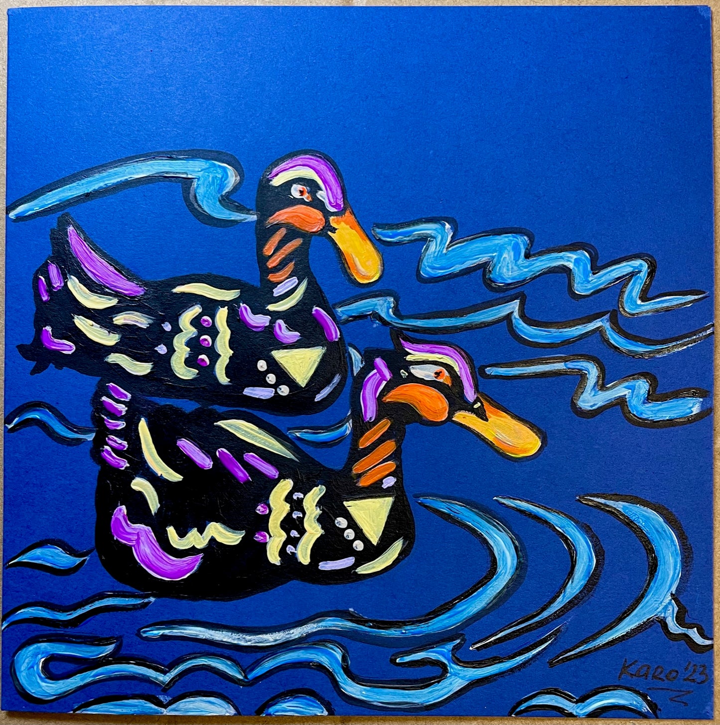 two ducks hand painted greeting card| blue greeting card with two ducks| art on a postcard| seasonal greeting cards with animals and bird